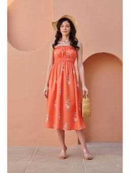 Pasha India - Bright Orange Strappy Smocked Midi Dress