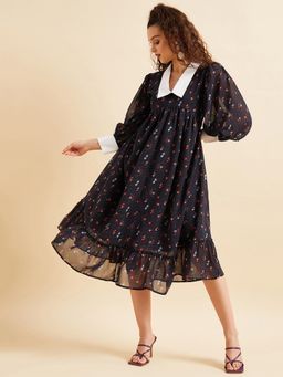 PANIT - Women A-Line Printed Knee Length Dresses - Navy Blue