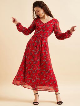 PANIT - Women Fit and Flare Printed Maxi Dresses - Red