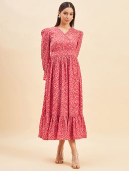 PANIT - Women Fit and Flare Printed Midi Dresses - Red