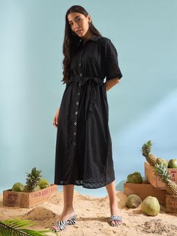 PANIT - Women A-Line Self Design Knee Length Dresses - Black