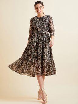 PANIT - Women Fit and Flare Printed Midi Dresses - Black