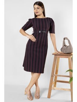 Not So Pink - Wine Pinstripe Sheath Boat Neck Women Dress