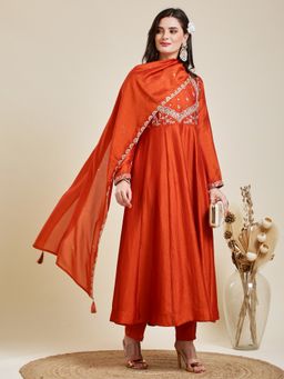 MOKOSH - Orange Embroidered Silk Anarkali Kurta with Pant and Dupatta