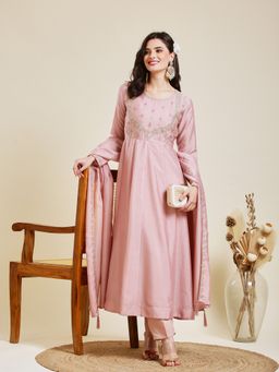 MOKOSH - Pink Embroidered Silk Anarkali Kurta with Pant and Dupatta