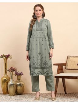Monte Carlo - Grey Wool Blend Printed Kurta with Pant