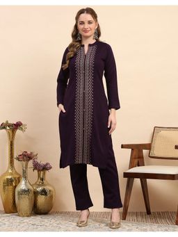 Monte Carlo - Purple Wool Blend Thread Work Kurta with Pant