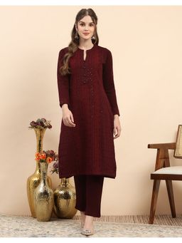 Monte Carlo - Wine Wool Blend Thread Work Kurta with Pant
