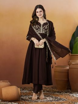 MOKOSH - Brown Embroidered Traditional Anarkali Kurta with Dupatta and Pant