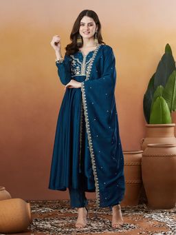 MOKOSH - Teal Embroidered Traditional Anarkali Kurta with Dupatta and Pant