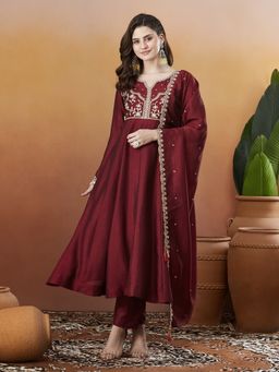 MOKOSH - Maroon Embroidered Traditional Anarkali Kurta with Dupatta and Pant