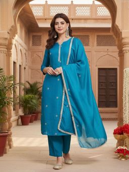 MOKOSH - Teal Embroidered Kurta Pant Set with Dupatta