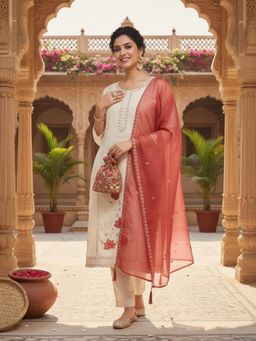 MOKOSH - Cream Traditional Embroidered Kurta Pant Set with Dupatta