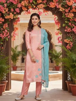 MOKOSH - Pink Traditional Embroidered Kurta Pant Set with Dupatta