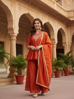 MOKOSH - Orange Traditional Kurta Palazzo Set with Dupatta
