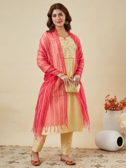 MOKOSH - Butter Yellow Chinon Embroidered Kurta and Pant with Dupatta