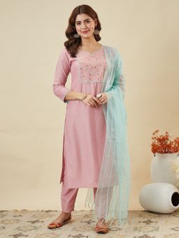 MOKOSH - Pink Chinon Embroidered Kurta and Pant with Dupatta