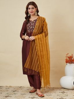 MOKOSH - Brown Chinon Embroidered Kurta and Pant with Dupatta