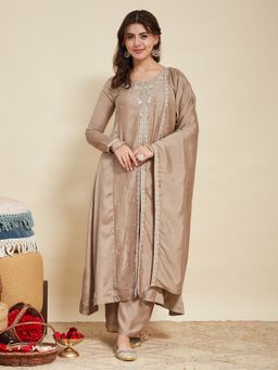 MOKOSH - Taupe Silk Embroidered Anarkali Kurta with Pant and Dupatta