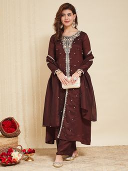 MOKOSH - Brown Silk Embroidered Anarkali Kurta with Pant and Dupatta