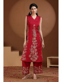 Cotton Culture - Magenta Poly Silk Embroidered Kurta with Pant