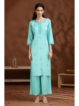 Cotton Culture - Turquoise Pure Cotton Embroidered Kurta with Pant