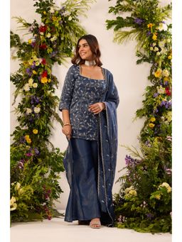 Alaya by Stage3 - Blue Organza Thread Work Kurta with Sharara and Dupatta