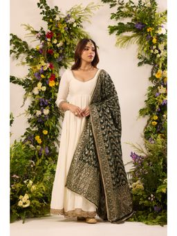 Alaya by Stage3 - Ivory and Green Chanderi Silk Plain Anarkali Kurta and Pant with Dupatta