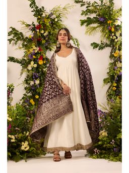 Alaya by Stage3 - Ivory and Purple Chanderi Silk Plain Anarkali Kurta and Pant with Dupatta