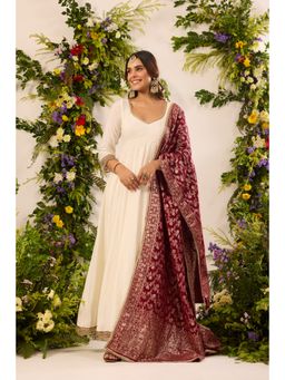 Alaya by Stage3 - Ivory and Red Chanderi Silk Plain Anarkali Kurta and Pant with Dupatta