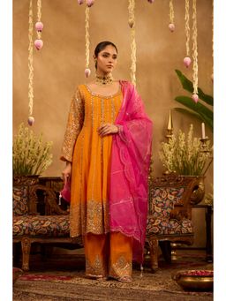 Alaya by Stage3 - Orange Georgette Mirror Work Anarkali Kurta and Pant with Dupatta