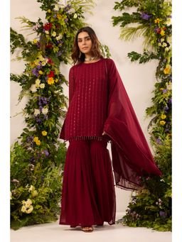 Alaya by Stage3 - Maroon Georgette Embellished/Sequined Kurta with Sharara and Dupatta