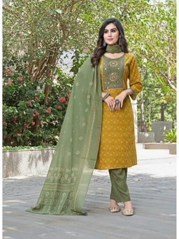 BulBul - Mustard Cotton Mirror Work Kurta with Pant and Dupatta