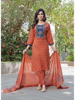 BulBul - Rust Cotton Mirror Work Kurta with Pant and Dupatta