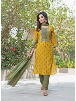 BulBul - Mustard Cotton Mirror Work Kurta with Pant and Dupatta