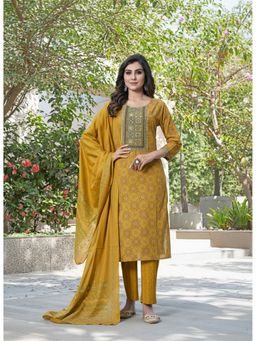 BulBul - Mustard Cotton Mirror Work Kurta with Pant and Dupatta