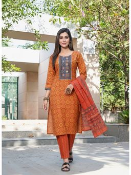 BulBul - Rust Cotton Mirror Work Kurta with Pant and Dupatta