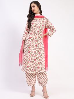 ME & I - Off White Cotton Printed Kurta with Salwar and Dupatta