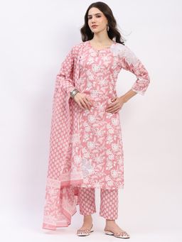 ME & I - Peach Cotton Embroidered Kurta with Pant and Dupatta