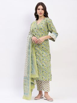 ME & I - Green Cotton Printed Kurta with Pant and Dupatta