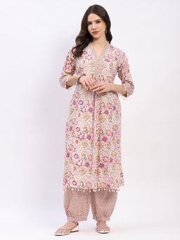 ME & I - Off White Cotton Printed Kurta with Salwar