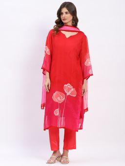 ME & I - Red Polyester Crepe Printed Kurta with Pant and Dupatta