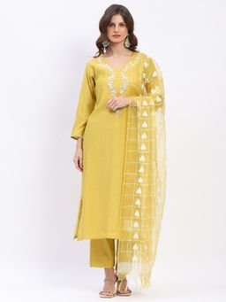ME & I - Yellow Muslin Thread Work Kurta with Pant and Dupatta
