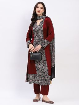ME & I - Maroon Modal Printed Kurta with Pant and Dupatta
