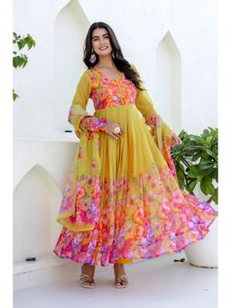 PISTAA - Mustard Chiffon Floral Handwork Anarkali Kurta with Pant and Dupatta