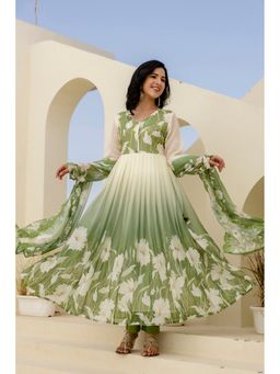 PISTAA - Green Chiffon Floral Handwork Anarkali Kurta with Pant and Dupatta