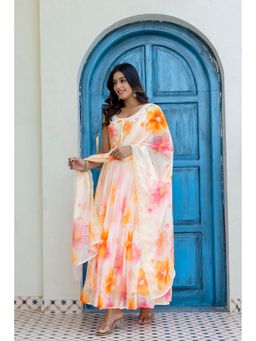 PISTAA - Peach Chiffon Floral Handwork Anarkali Kurta with Pant and Dupatta