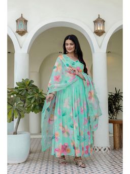 PISTAA - Green Chiffon Floral Anarkali Kurta with Pant and Dupatta