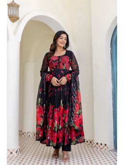 PISTAA - Black Chiffon Floral Handwork Anarkali Kurta with Pant and Dupatta