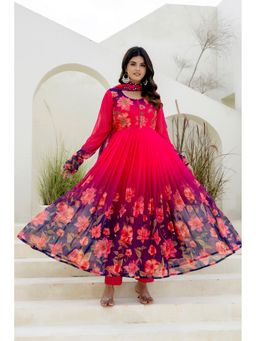 PISTAA - Pink Chiffon Floral Handwork Anarkali Kurta with Pant and Dupatta